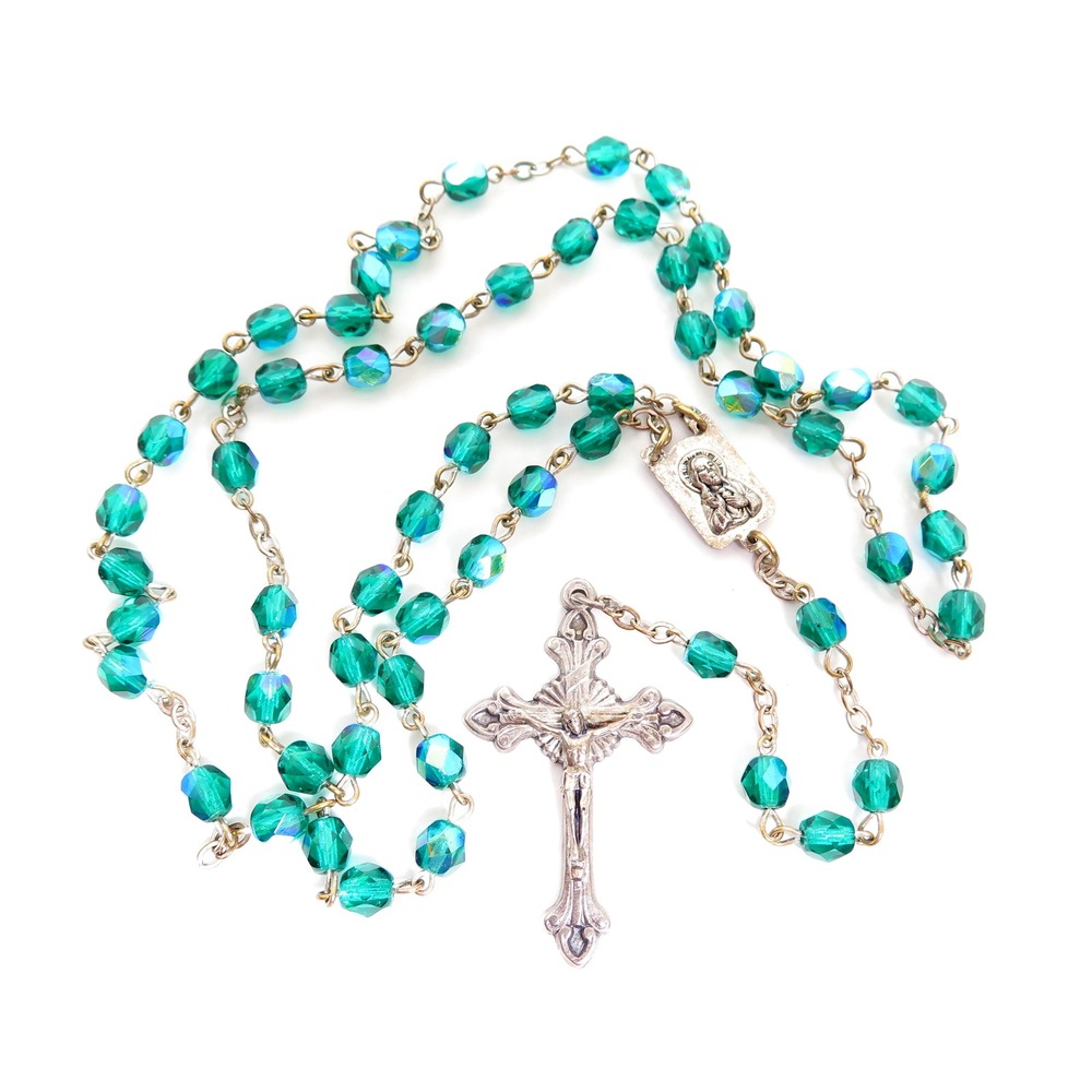 VINTAGE GREEN‎ AURORA BOREALIS GLASS CRYSTAL RHINESTONE ROSARY BEAD NECKLACE